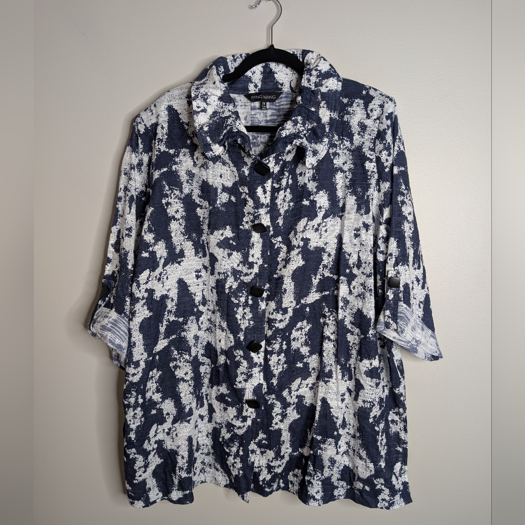 Ming Wang Blue And White Button Down Top Sz 2x